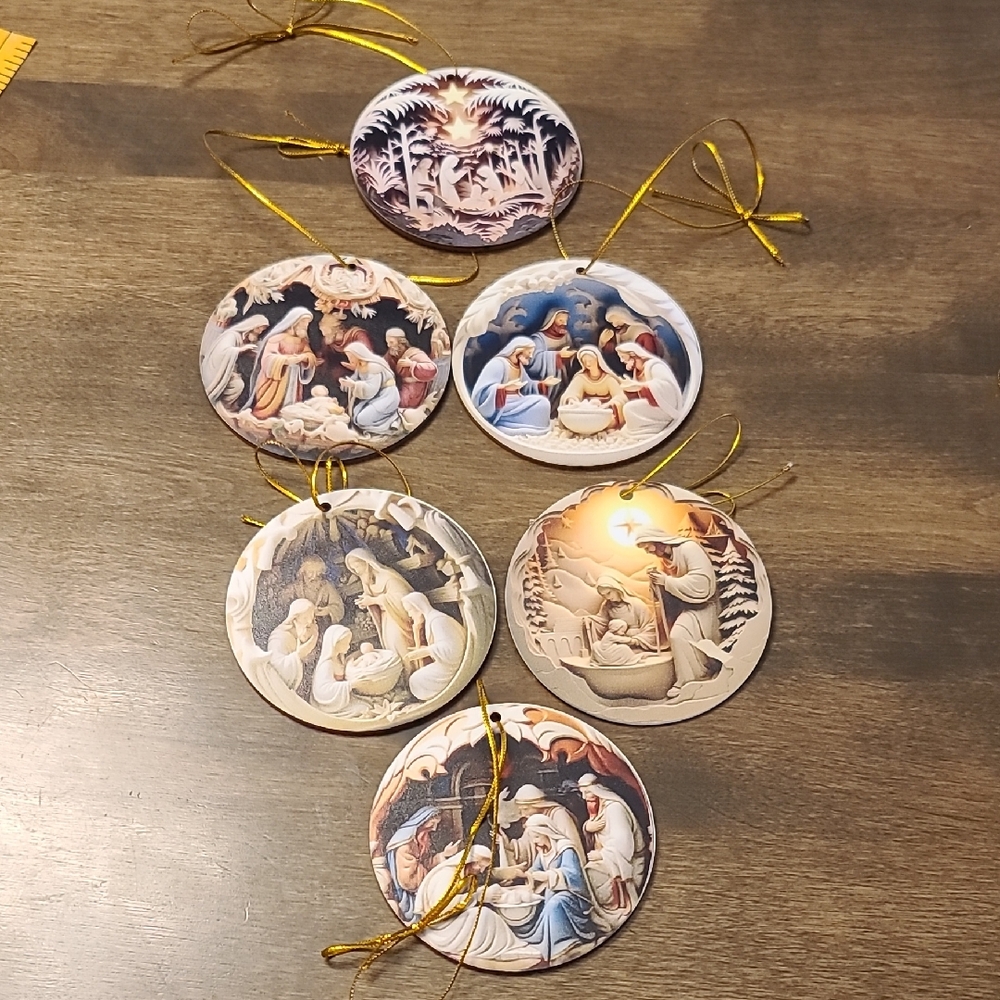 Nativity Scene Holiday Ornaments Set - Gold Accents
